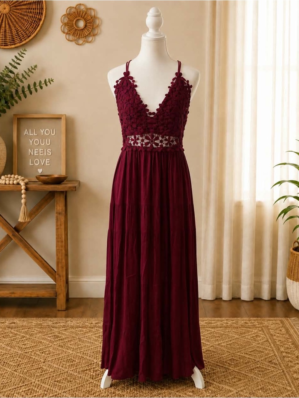 LA MIEL Wine Burgundy Lace Maxi Dress with Spaghetti Straps